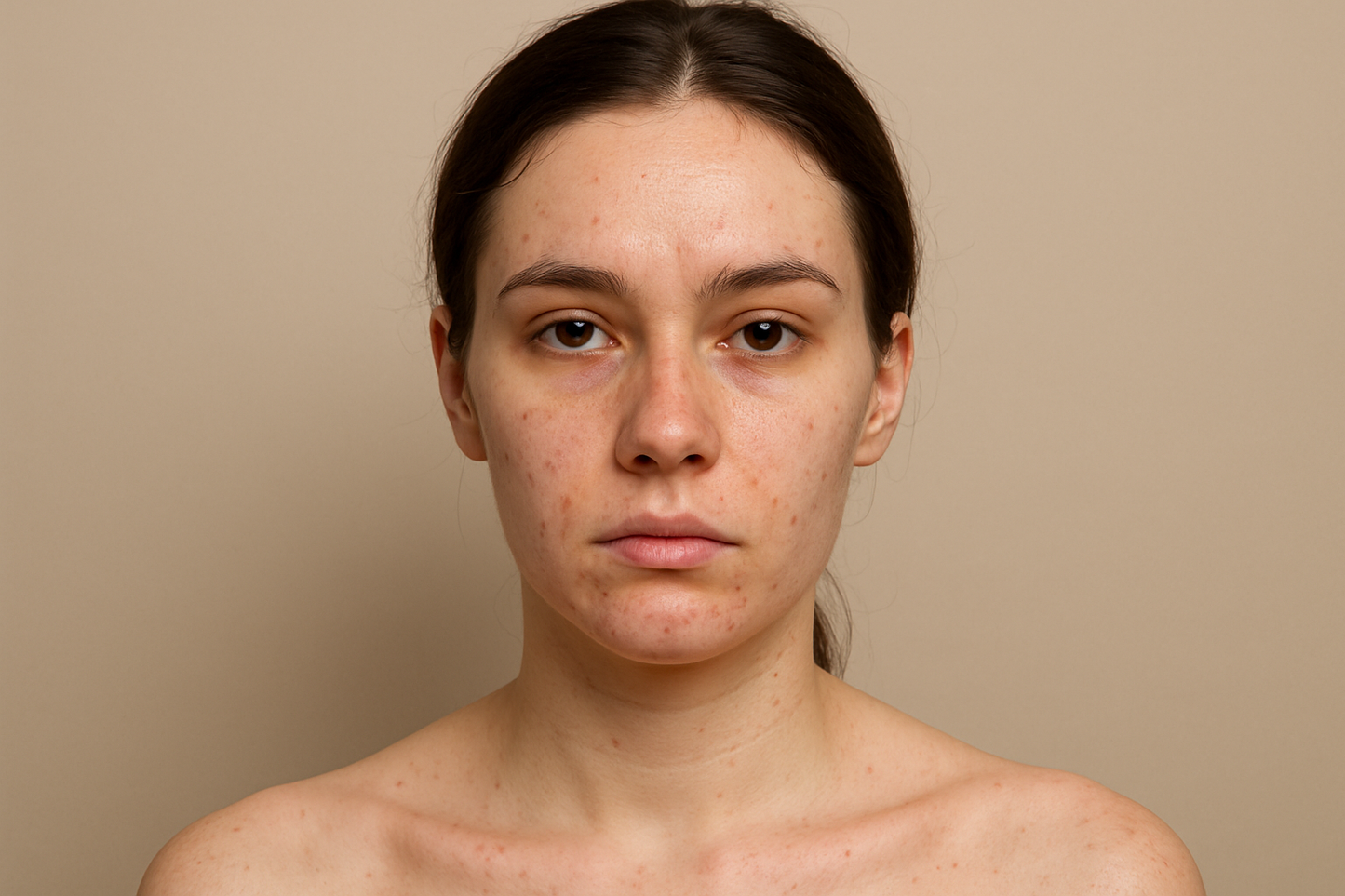 Female model portrait with no makeup, showing natural skin imperfections against a beige background